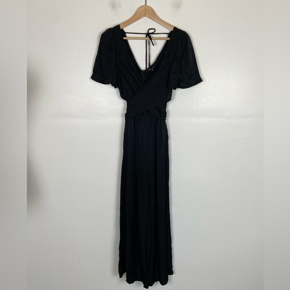 The Clothing Company Satin Wide Leg Jumpsuit Size L Black Faux Wrap Back Tie - Picture 3 of 10